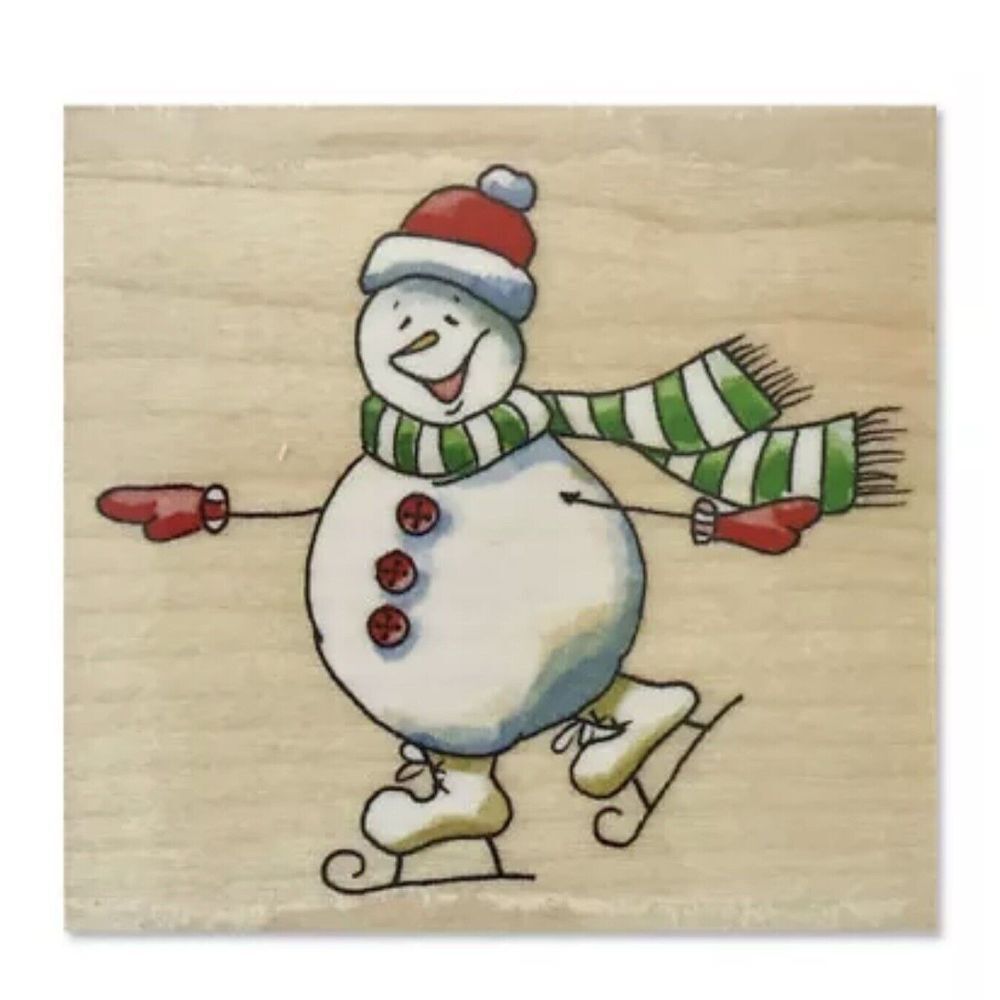 Penny Black SNOW DELIGHT Red Rubber Wood Stamp Christmas Snowman Skating Holiday